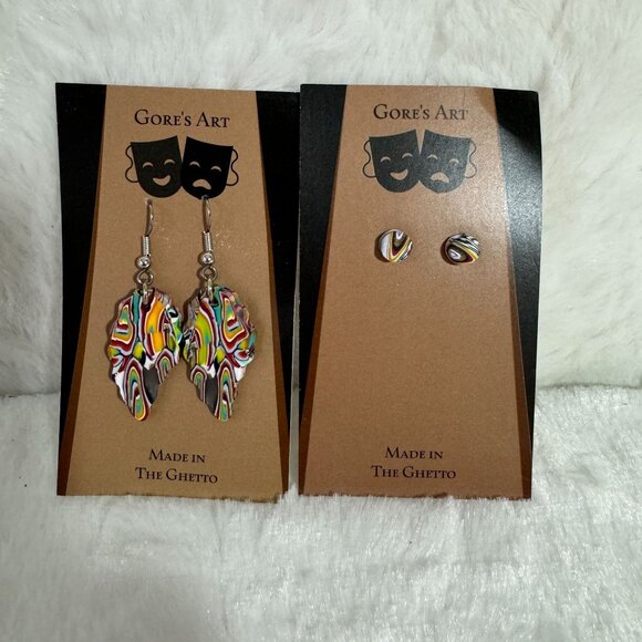 Gores Art Handmade Polymer Clay Earrings Duo: Leaf Dangles & Studs NOLA  New - Picture 1 of 5